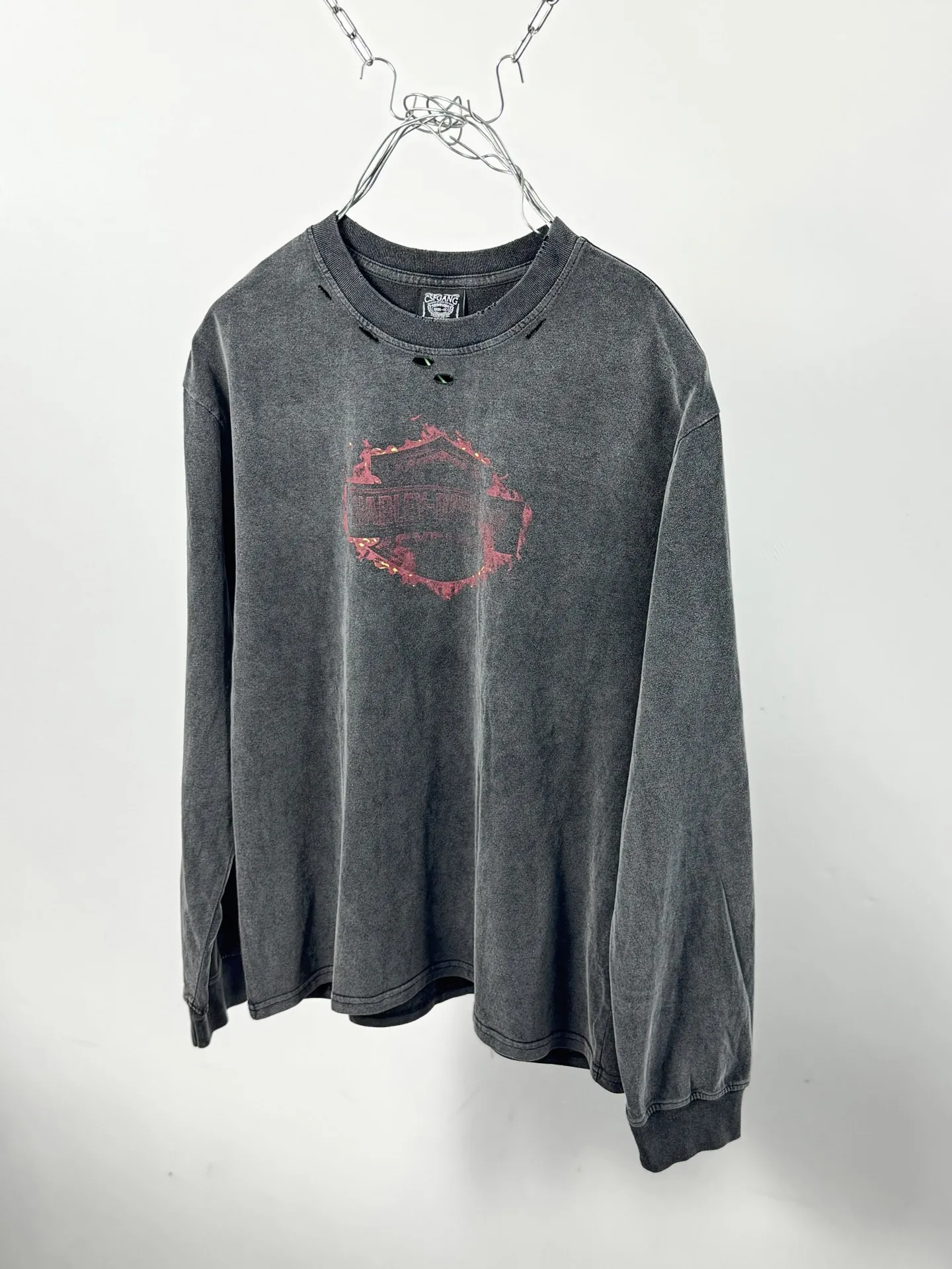 P158 # CTS-37 SAINT “Harley Harley Red Flame Limited Edition” L/S Shirt 25AW Autumn and Winter Heavy Spray Horse Assute Wash Gradient Distressing Multi-position Complex Handmade Destruction Long-sleeved T-shirt Size: S M L XL